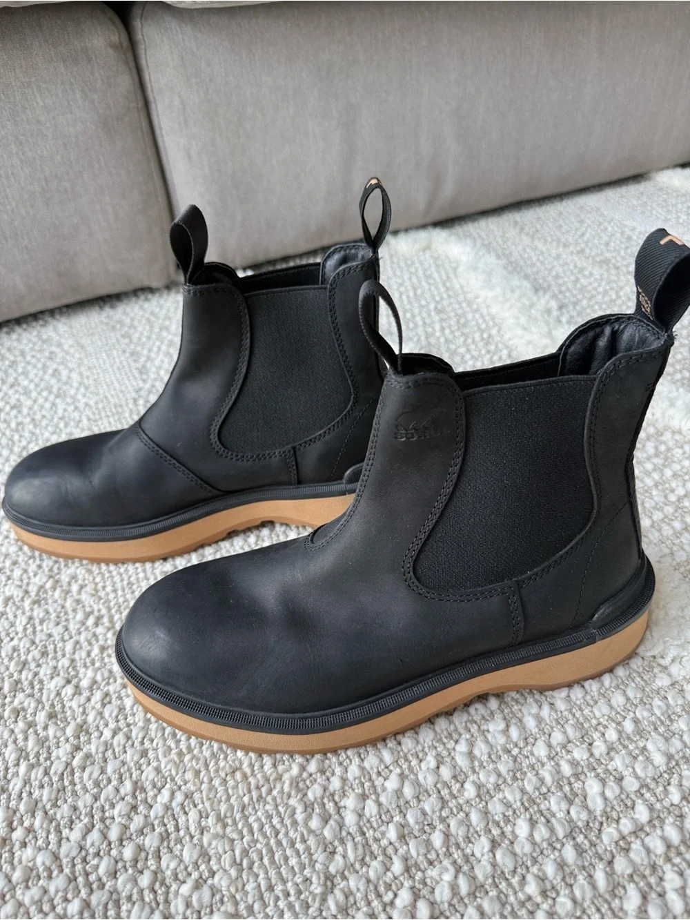 Sorel Black Chelsea Boots with Tan Outsole